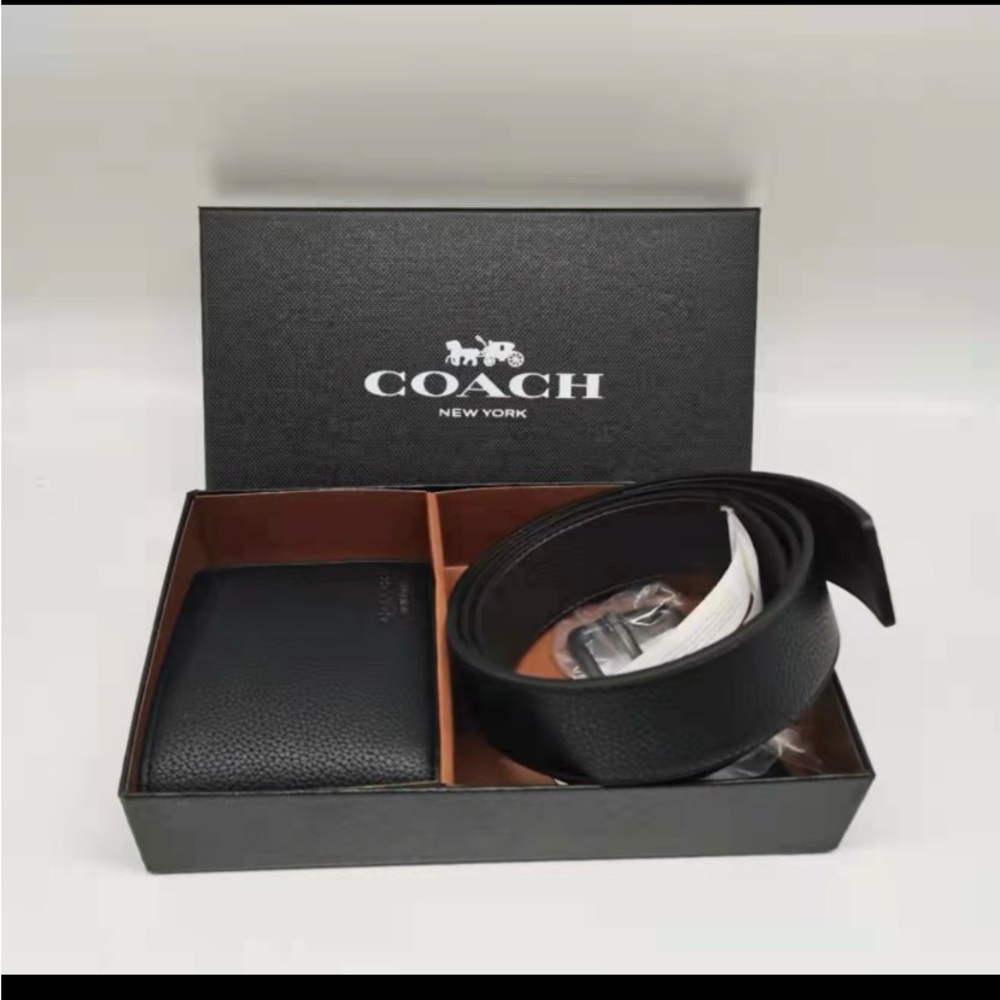 Coach Black Leather Wallet and Belt Set